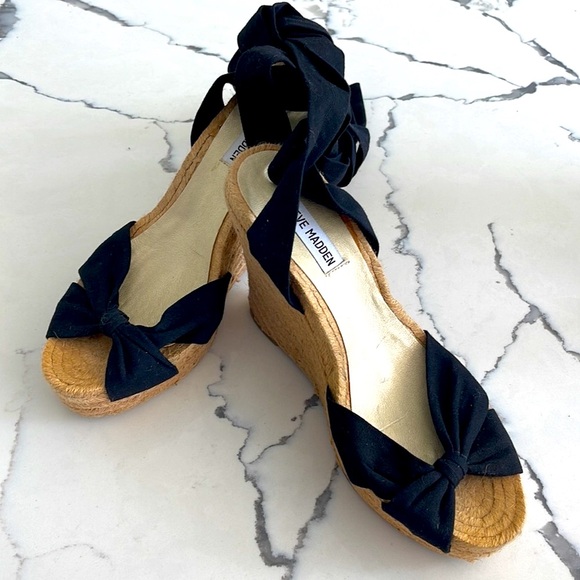 NWOT Steve Madden Black Open Toe Ankle Tie Wrap Espadrilles Wedge Sandals-9 - Picture 2 of 8